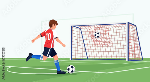 Dynamic Illustration Of A Soccer Player Kicking The Ball Into The Net, Goal Achieved