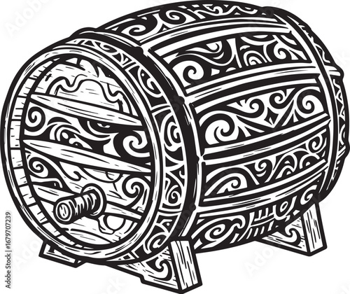 Ornate Keg Illustration with Intricate Tribal Style Decorative P