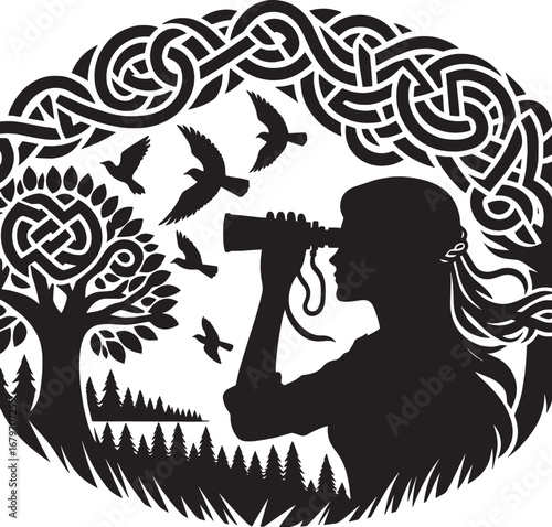 Silhouette of a person using binoculars to observe birds in a decorative frame with trees