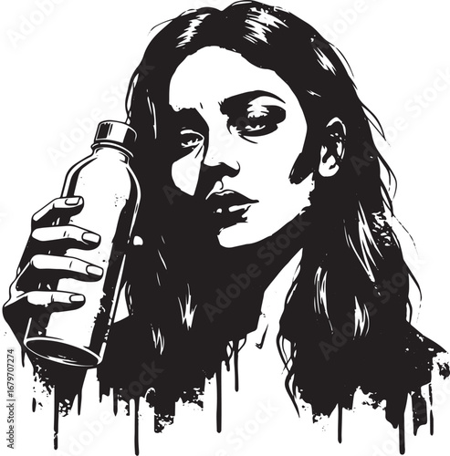 Stylized monochrome portrait of a woman with a metallic water bo