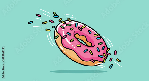 Delicious pink frosted donut with sprinkles flying on a blue background design