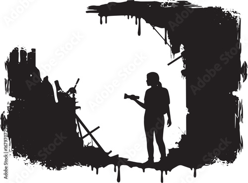 Silhouette of a woman exploring a ruined building with a flashli