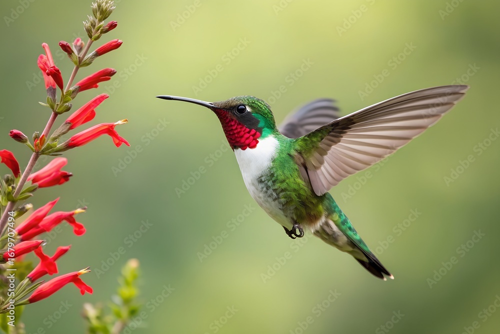 Fototapeta premium Vibrant green and red hummingbird hovers gracefully, wings blurred, nearing bright red tubular flowers for sweet nectar in a serene garden