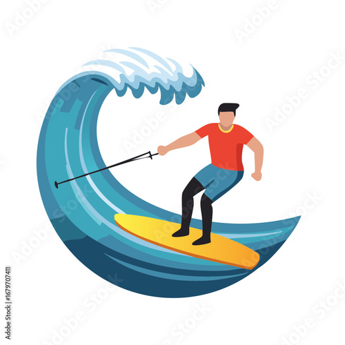 Illustration of a man water skiing on a wave with a yellow surfboard and red shirt