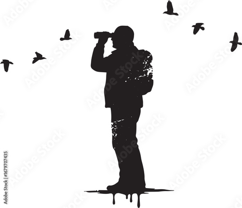 Silhouette of Birdwatcher Enjoying Nature with Flying Birds in M