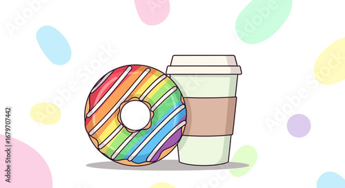 Delicious Rainbow Donut And Coffee Cup Illustration Against Pastel Colored Backgrounds
