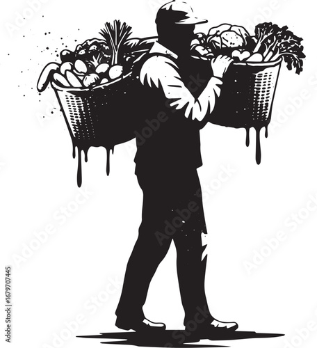 Vector illustration of farmer carrying baskets filled with fresh