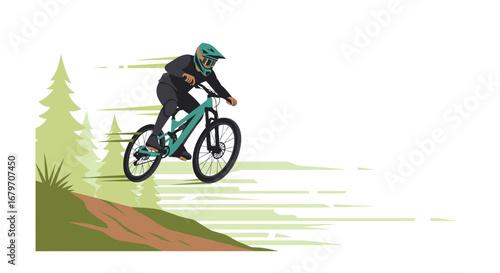 Dynamic Mountain Biking Action Depicted Against a Backdrop of Green Trees and White Space
