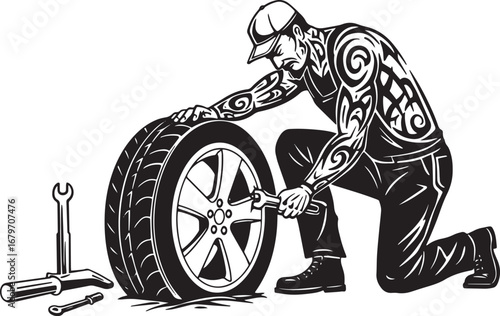 Detailed Mechanic Illustration Tire Repair with Tattooed Man in