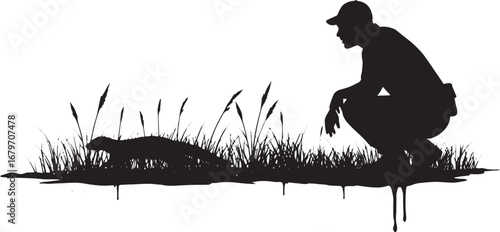 Silhouette of a man observing a weasel in natural setting with g