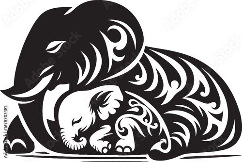 Elegant black and white illustration of a mother elephant and her baby in tribal design