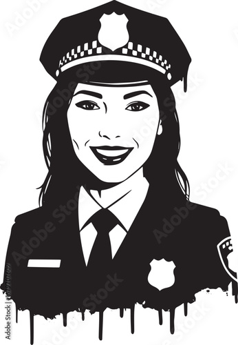 Black and white vector illustration of a smiling policewoman in