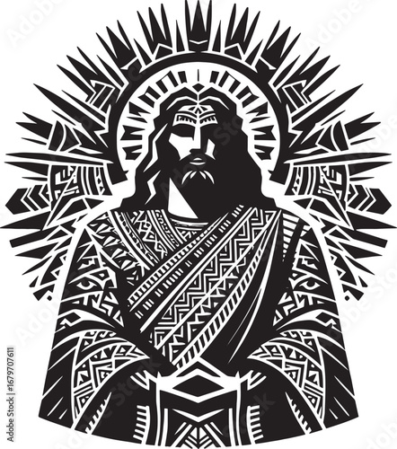 Intricate Black and White Vector Illustration of Jesus Christ Depicting Spirituality and Faith