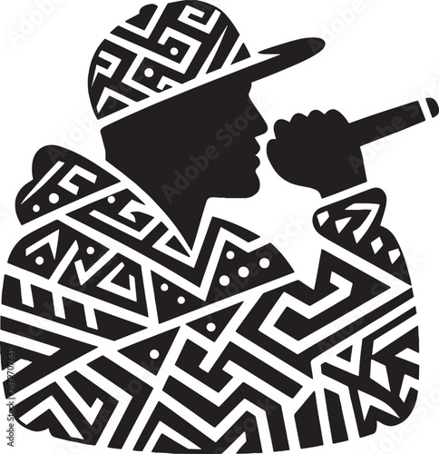 Silhouette of a Rapper Performing with a Microphone and Stylish Geometric Patterned Outfit