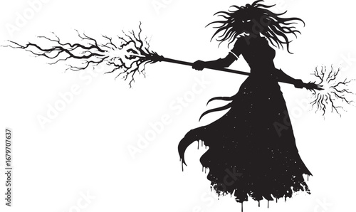 Mystical sorceress silhouette wielding energy staff with a dark