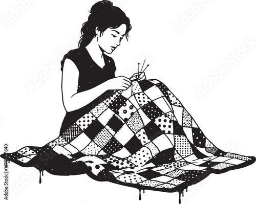 Monochromatic illustration of a woman hand sewing a patchwork qu
