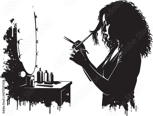 Silhouette of a woman trimming her curly hair in front of a vani