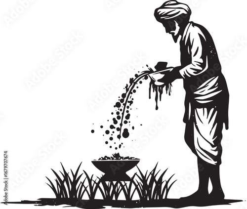 A minimalist monochrome illustration of a farmer tending to his