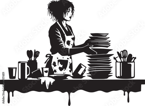 Monochromatic representation of a woman stacking dishes after di