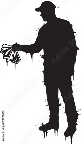 Silhouette of a man distributing flyers with dripping paint effe