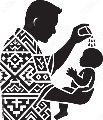 Silhouette Illustration of a Man Performing a Ritual on a Baby, Symbolizing Baptism or Blessing