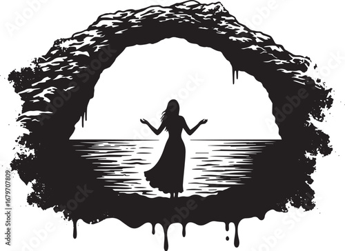 Mystical silhouette of a woman standing by the sea cave archway,