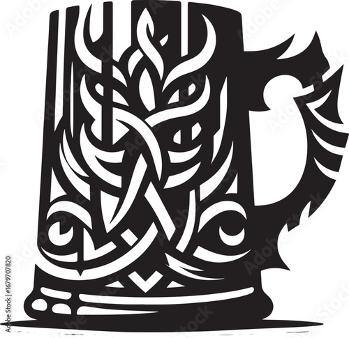 Intricate Tribal Art Design of a Beer Mug in Black and White with Ornamental Detailing
