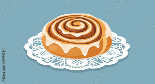 Deliciously Decorated Cinnamon Roll On Doily Above Blue Background Illustration
