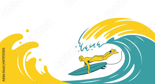 Dynamic Surfer Enjoying The Ride On A Huge Cresting Wave With Vibrant Colors  Graphic Art