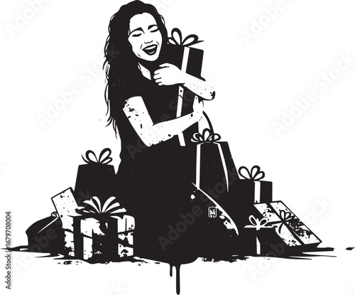 Monochrome depiction of a delighted woman amidst a cascade of pr