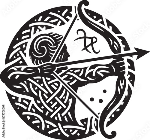 Stylized illustration of the Sagittarius zodiac sign with bow and arrow, a black and white graphic