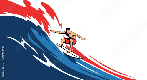 Dynamic Surfer Riding a Cresting Wave with Vibrant Colors on White Background