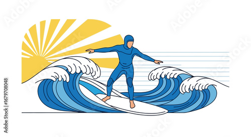 Dynamic Surfer Riding a Powerful Ocean Wave with Sunburst Background Minimalist Illustration