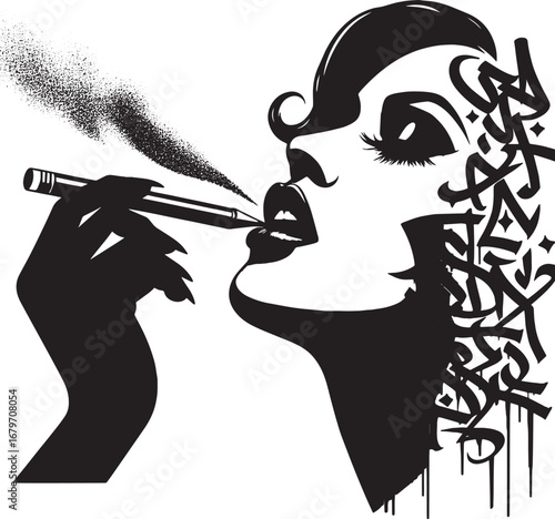 Stylish Black and White Illustration of a Woman Smoking with Graffiti Art Elements