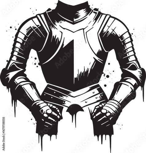 Detailed monochrome artwork showing a medieval knight's armor il