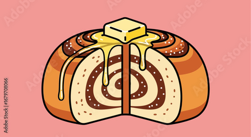 Deliciously Drizzled Cinnamon Roll With Melted Butter On A Pink Background