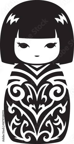 Stylized Kokeshi Doll Icon with Intricate Black and White Patter