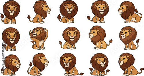 Cute cartoon lions sit, showcasing various poses. Adorable lion illustrations, cheerful wildlife, cartoon animals, playful character design, friendly mascot, savanna wildlife, lion king