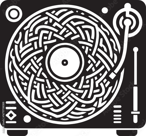 Abstract Black and White Illustration of a Vinyl Record Player with Intricate Geometric Design