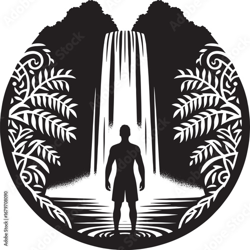 Silhouette of a person standing before a waterfall inside a decorative circular frame