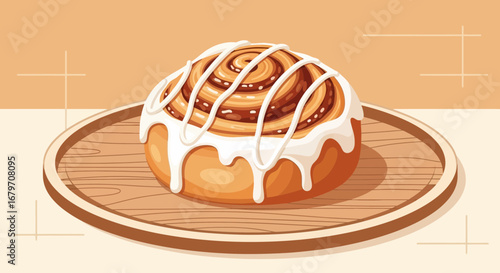 Deliciously Illustrated Cinnamon Roll On Wooden Platter Artwork For Food-Related Projects