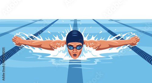 Dynamic Swimmer in Aquatic Endeavor: A Stroke of Athleticism, Vibrant Illustration