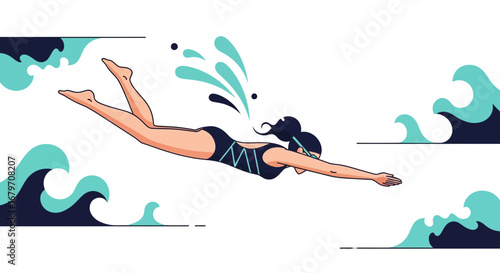 Dynamic Swimmer Plunges Into Water With Abstract Wave Elements For Sport Designs