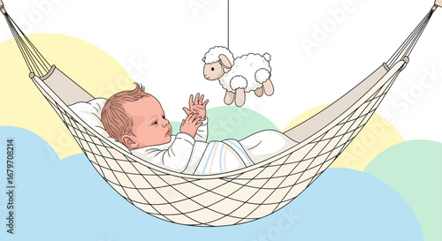 Delighted Baby in Hammock Gazing at Sheep, Relaxed, Joyful and Peaceful Scene
