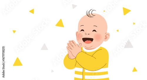 Delighted Baby Joyfully Clapping Hands With Graphic Geometric Shapes Background