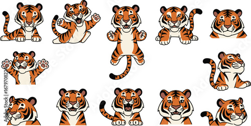 Cartoon tigers pose, full of smiles and playful energy. Animal illustrations, wildlife, mascot, character design, cute, friendly, cheerful.