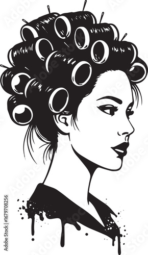 Glamorous woman with hair rollers in monochrome artistic digital