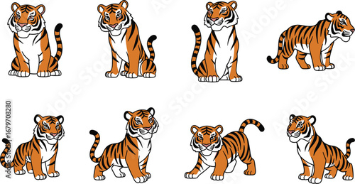 Cartoon tigers in various poses, set on white. Cute wildlife, playful animals, mammal, feline, danger, stripe, jungle, mascot, zoo, wild, cartoon.
