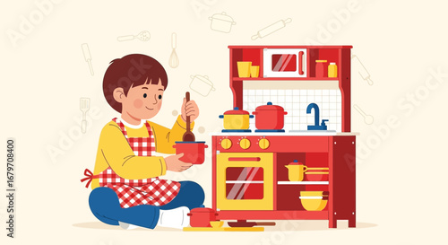 Delighted Child Pretending To Cook In Playful Kitchen, Culinary Dream And Imagination