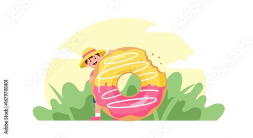 Delighted Child Hidden Behind a Colourful Glazed Donut Enjoying Delightful Snack